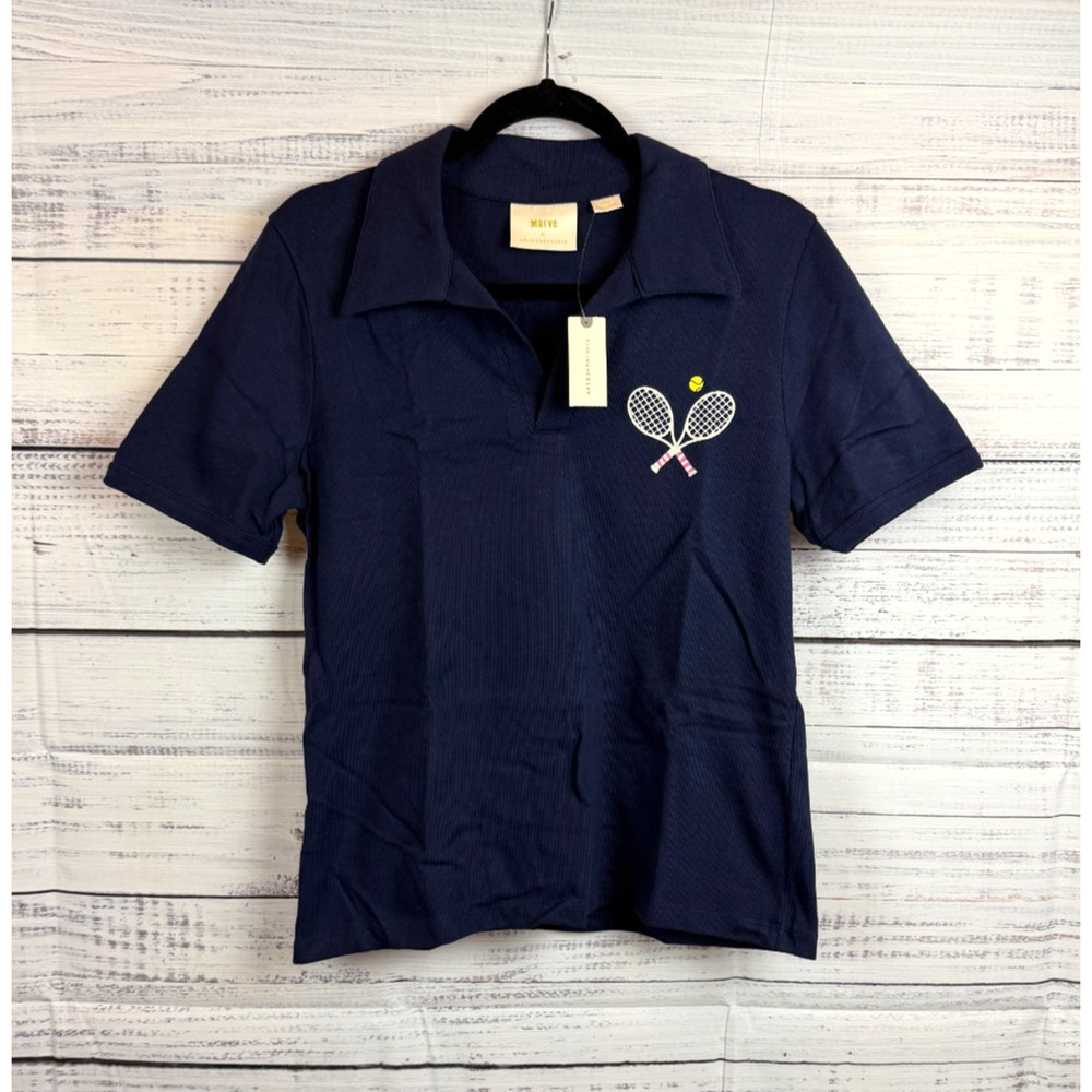 MAEVE by ANTHROPOLOGIE 100% cotton blue short sleeve polo top size M NWT